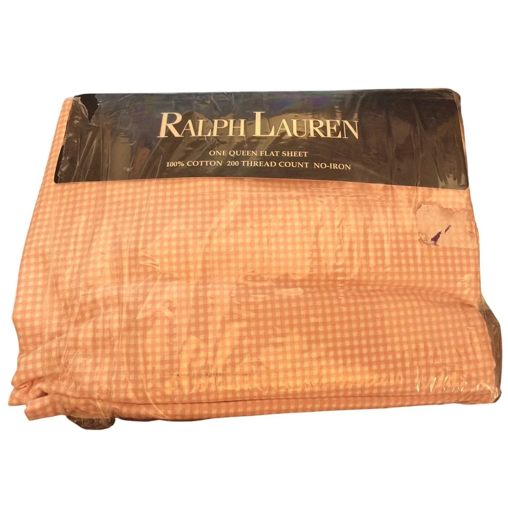 Vintage Ralph Lauren Queen Flat Sheet Pink Gingham Cottagecore Shabby Preppy